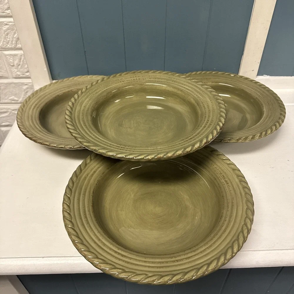 Set‎ Of 4 Z Gallerie LUCCA Rope Pattern Pasta Soup Bowls Green 10.5